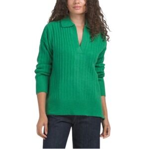 LaBiz Ribbed Polo V-Neck Sweater Womens Small Green Excellent Knit Long Sleeve